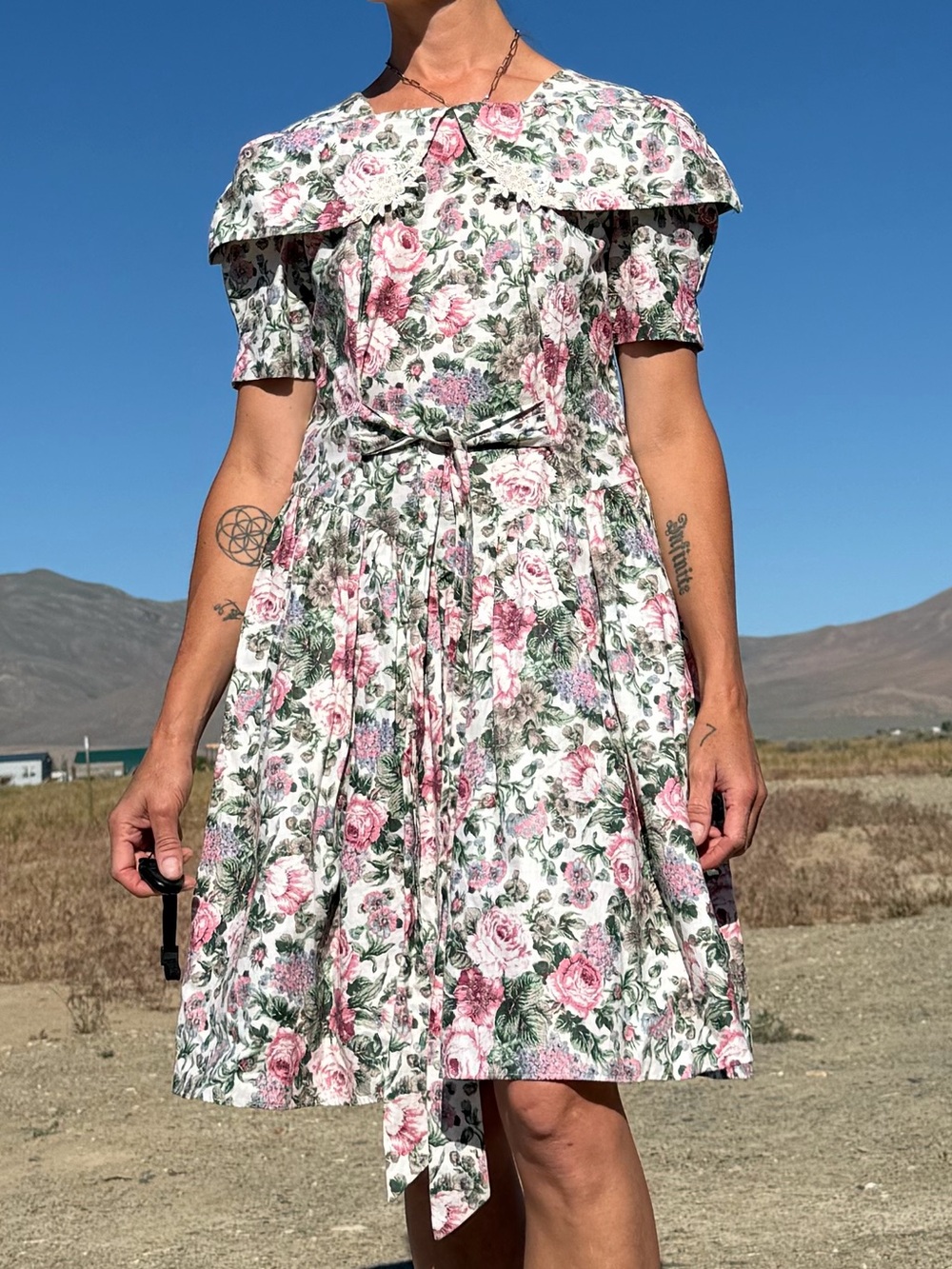 Vintage Floral Midi Dress in Pink & Green - VALON